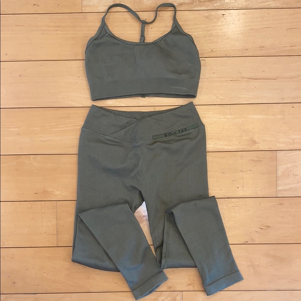 Bo + Tee Green Ribbed Sports Bra and Leggings Set